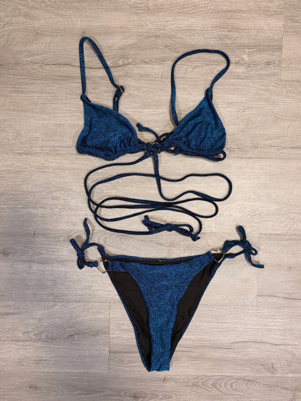Fashion Nova Metallic Teal Blue Lace-Up Triangle Bikini